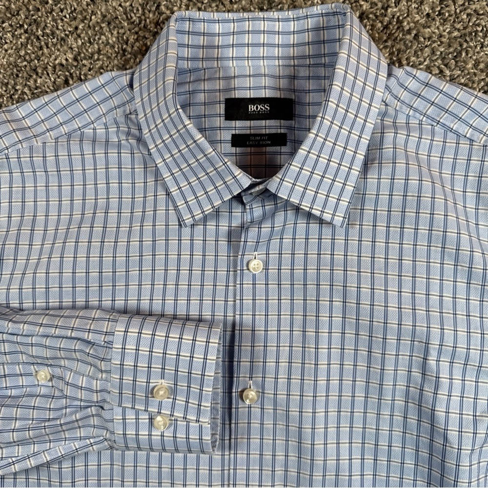 Boss Hugo Boss Men's Large 42 16.5 Slim Fit Blue Textured Plaid Button Up Shirt